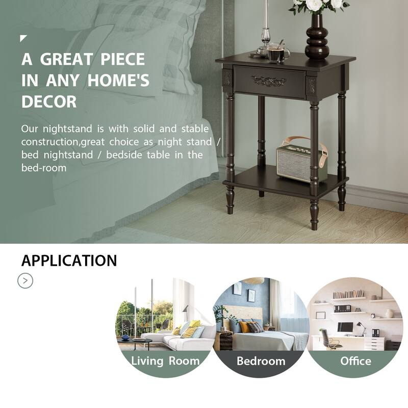 Vintage End Table with Drawer and Shelf, French Style Nightstand with Solid Wood Legs, White Accent Table