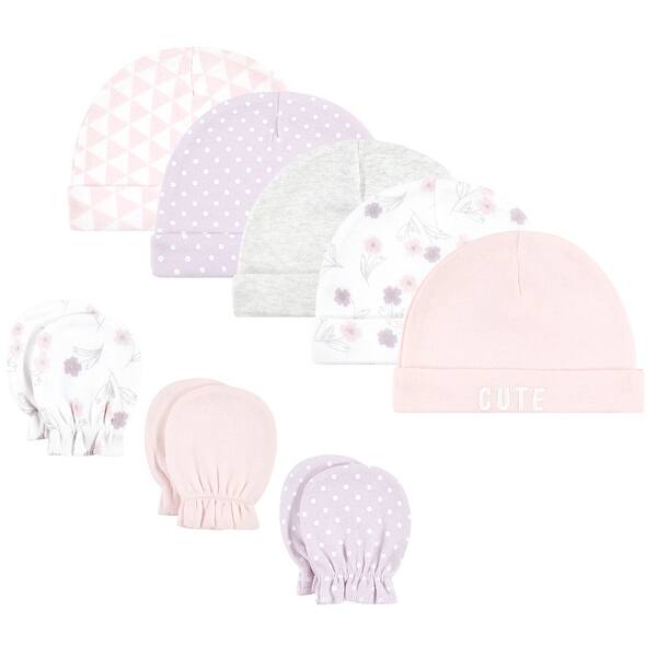 slide 1 of 1, Hudson Baby Infant Girl Cotton Cap and Scratch Mitten Set, Lavender Floral, 0-6 Months - Lavender Floral Lavender Floral - 0-6 Months