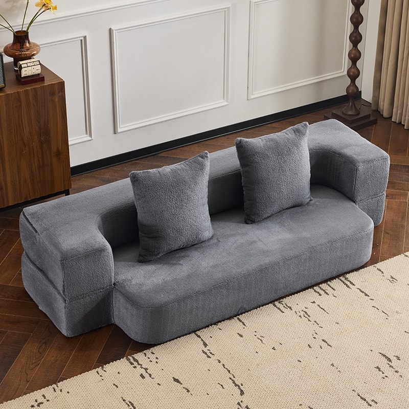 Transformable Sectional Sofa with 3 Ottoman Stools - Supportive Foam Fold-Out Bed, Compact Chenille Lounger