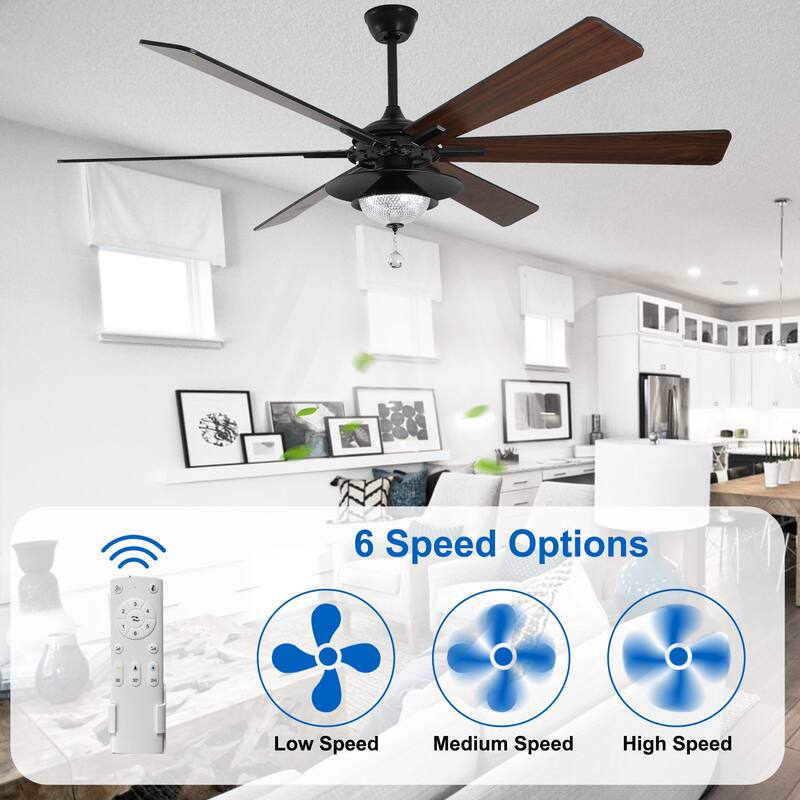 CurveCurio 72" Antique Lagre Ceiling Fan, Wood Blades and LED Lights Kit w Crystal Shade, Quiet DC Motor 6 Speed w Remote