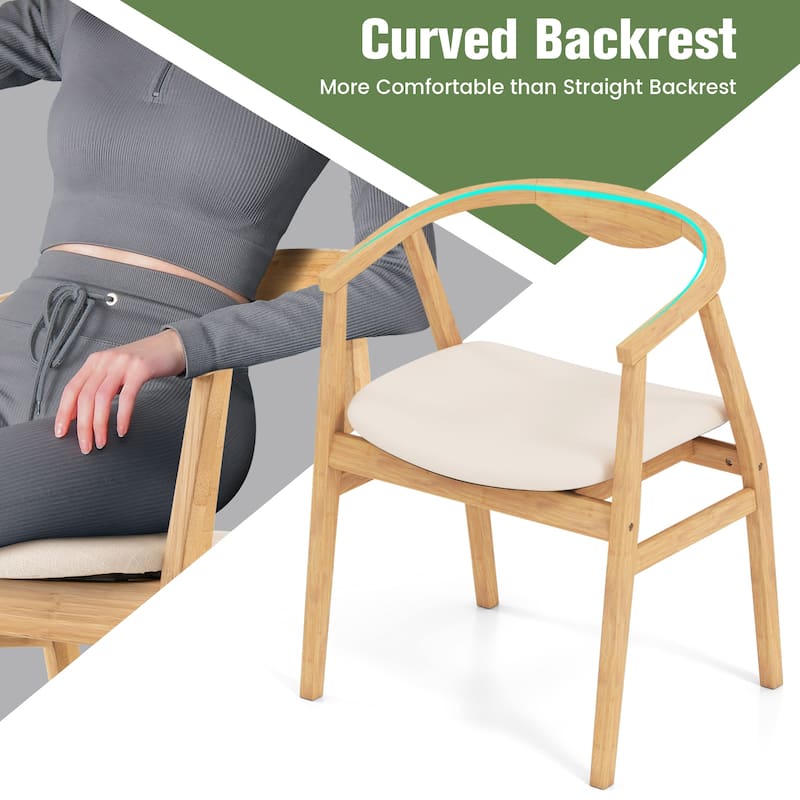 Gymax Set of 2 Leisure Bamboo Armchair Accent Chair w/ Curved Back &