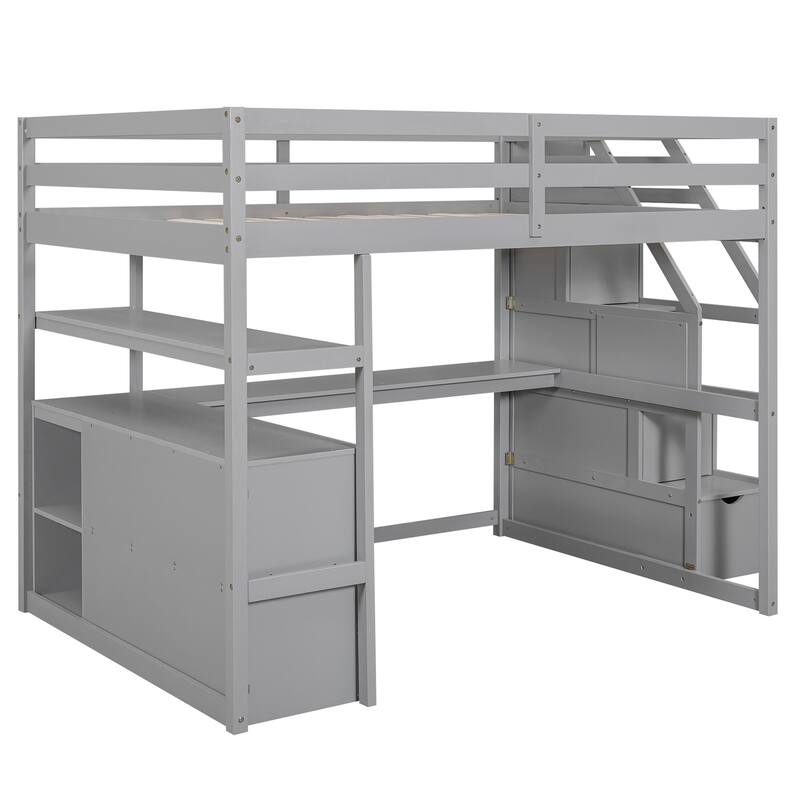 Full Size Loft Bed with Desk 2 Built-in Drawers and Storage Staircase