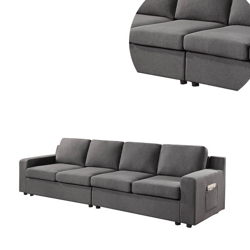 Cas 119 Inch Modular 4 Seater Sofa with Side Pockets, Gray Linen Upholstery