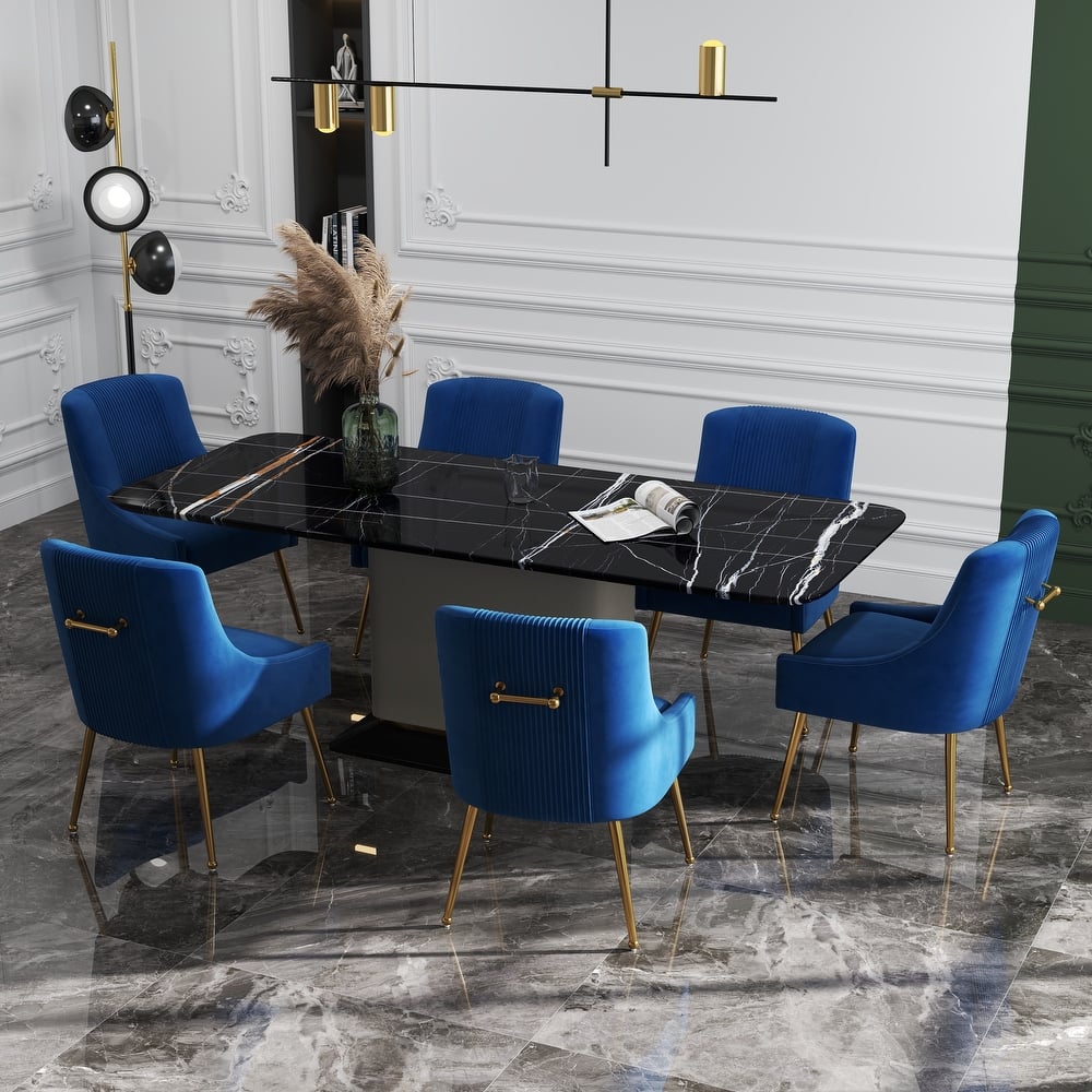 SEYNAR Modern Glam Boucle Pleated Velvet Dining Chair or Vanity Chair Set of 6 with Rear Handle