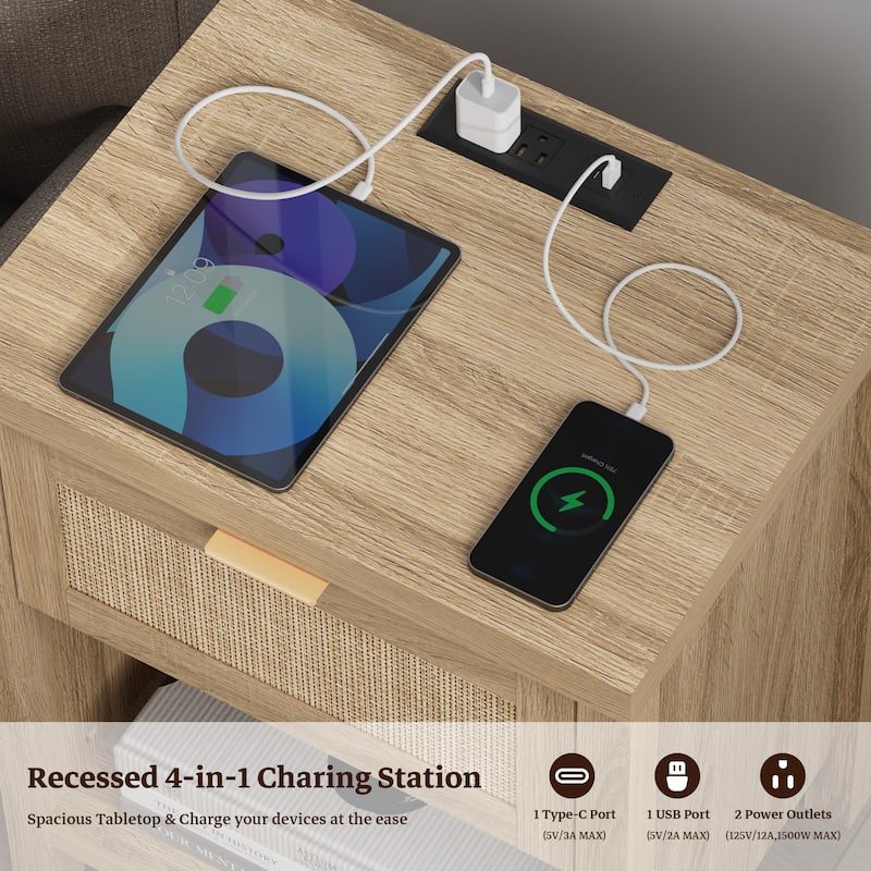 SICOTAS Farmhouse Set of 2 Nightstand with Charging Station and Drawers