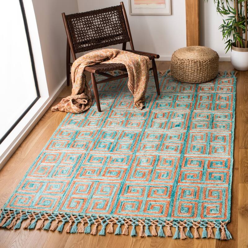 SAFAVIEH Handmade Sahara Alia Silk Tassel Rug - 5' x 8' - Rust/Aqua