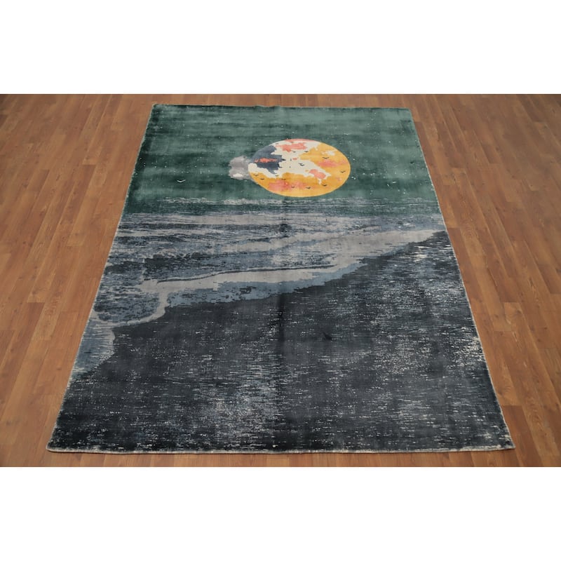 Hand Knotted Oriental Viscose Silk Carpet Modern Pictorial Multi-Colored Abstract Area Rug - 7' 8'' X 5' 7''