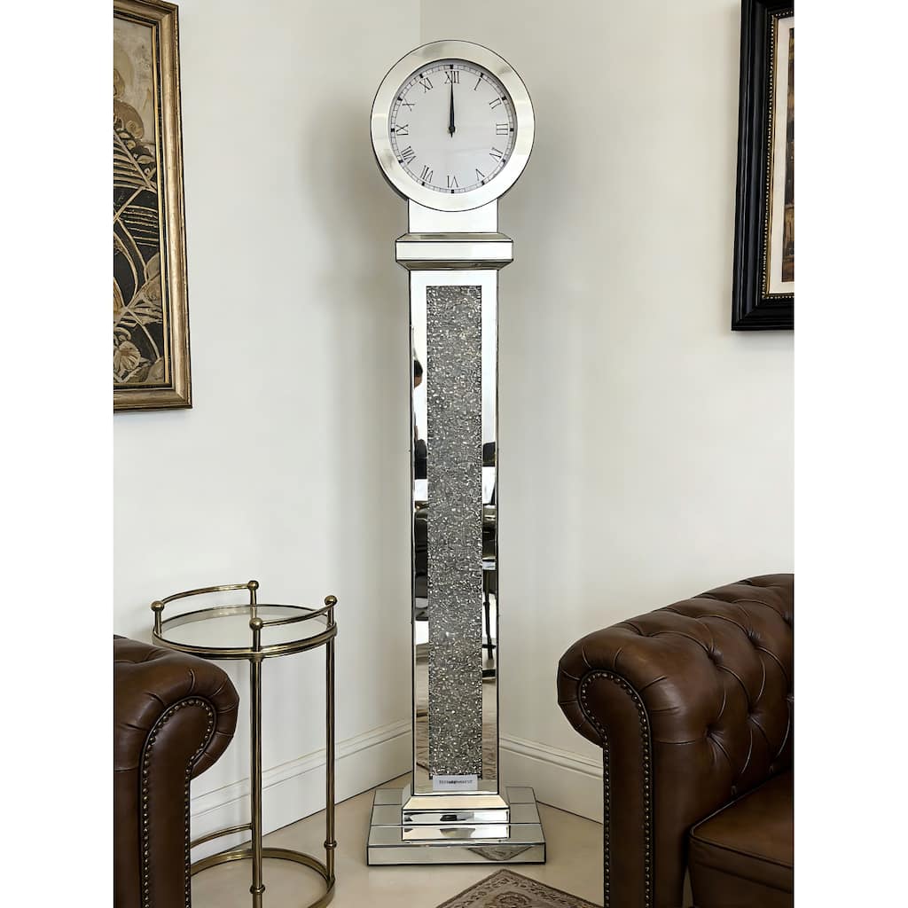 59 Inch Tall Mirrored Standing Clock with Crushed Diamond Inlay