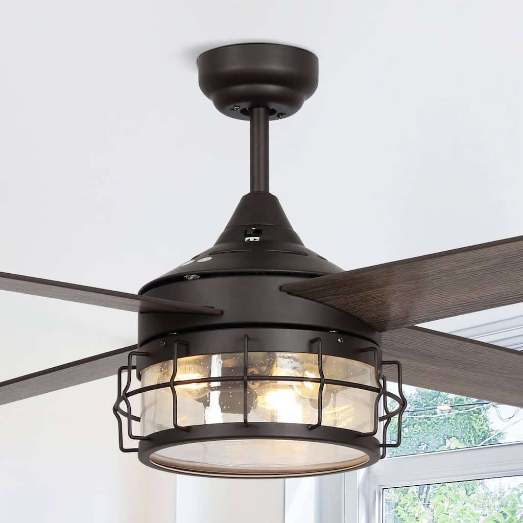 Farmhouse 4-Blade Oil Rubbed Bronze Glass Shade Ceiling Fan with Remote and Light Kit - 52-in W x 17.6-in H
