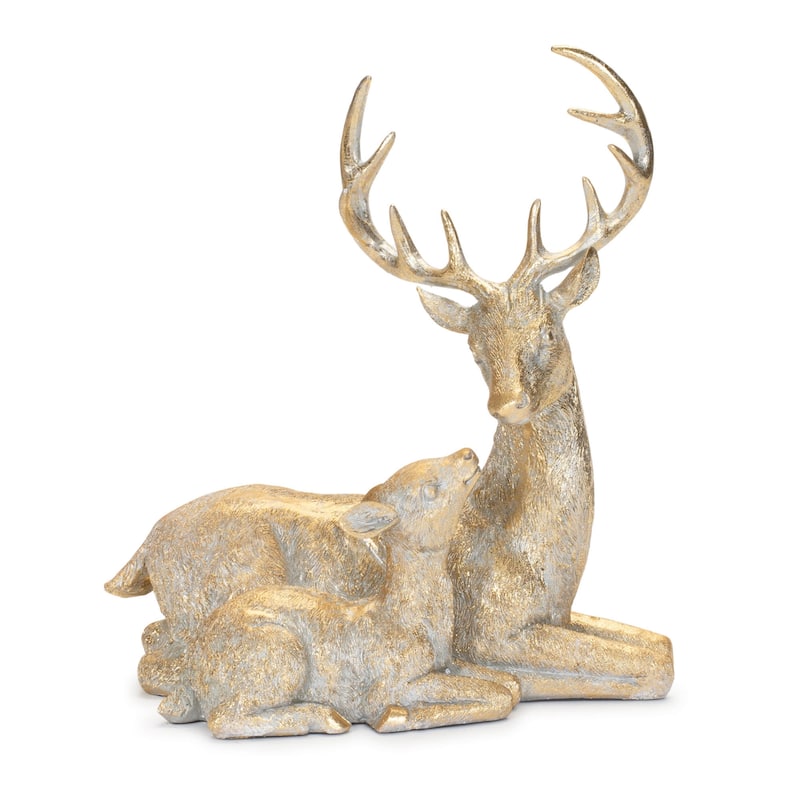 Festive Deer and Fawn Figurines Set of 2 for Holiday Shelf Decor - 9" x 5.25" x 10" - Gold-White