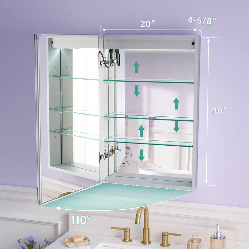 Recessed or Surface 30" H LED Mirror Cabinet with Adjustable Glass Shelves,Defogger, Dimmer And Outlets & USB Ports
