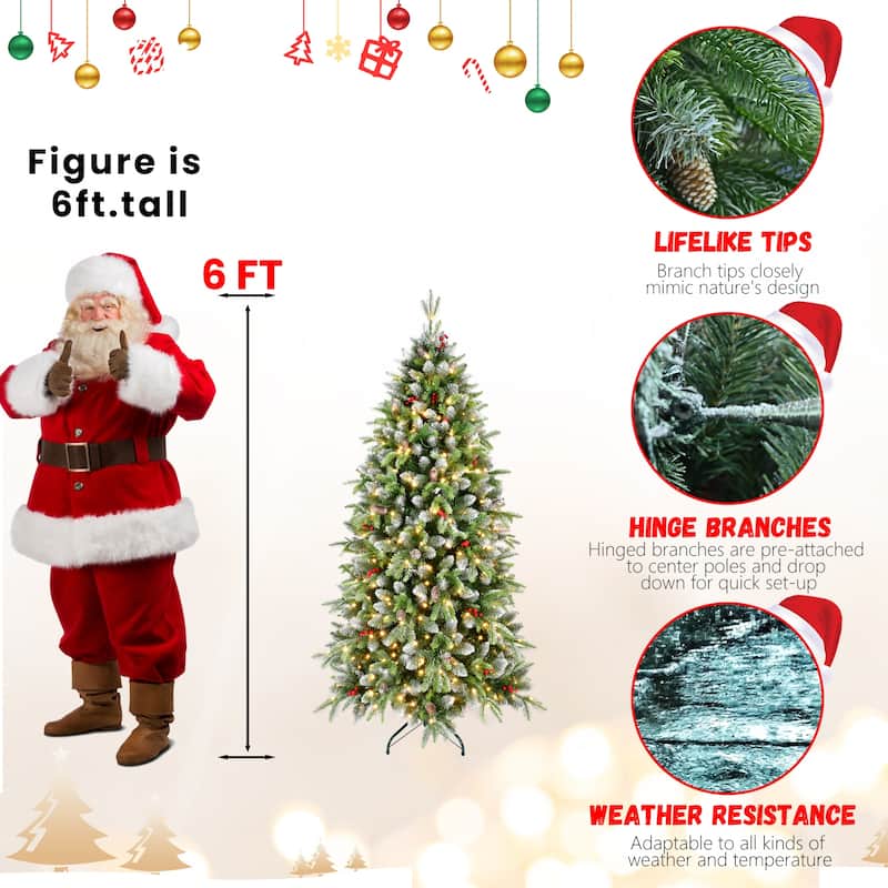 6ft Pre-Lit Christmas Tree with 380 LED Lights, 1264 Tips, Frosted Greenery with Red Berries & Natural Pinecones, Metal Stand