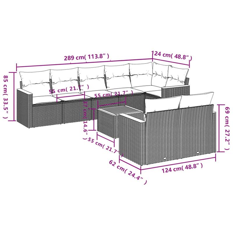 vidaXL Patio Sofa Set with Cushions Outdoor Conversation Furniture Poly Rattan - 24.4x 24.4x 27.2