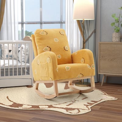 Modern Rocking Chair for Nursery, Mid Century Accent Rocker Armchair With Side Pocket, Upholstered High Back