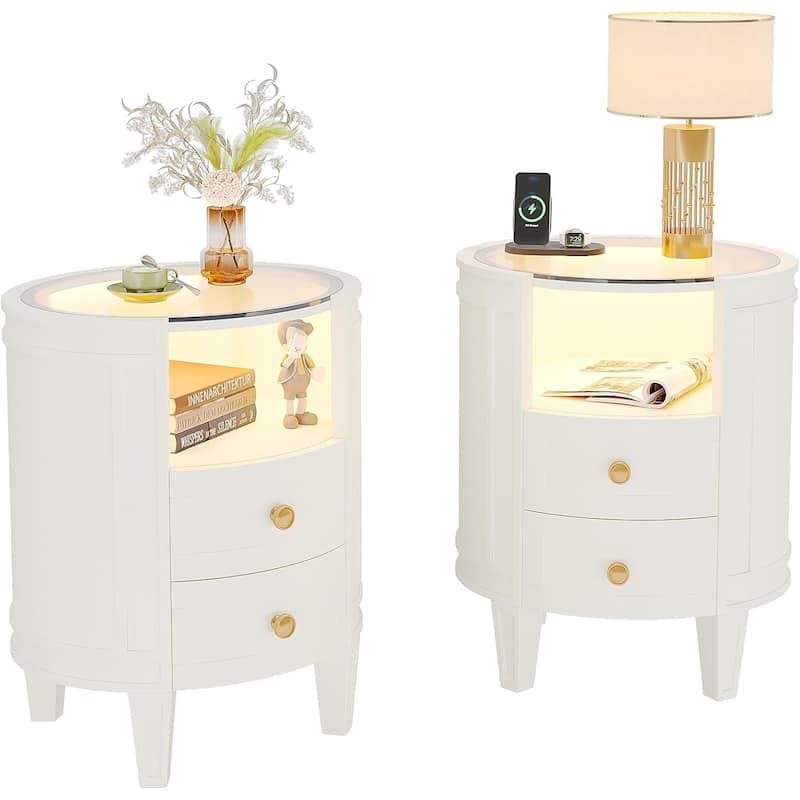 2PCS Oval White Nightstand Bedside Table with 2 Drawers and Light