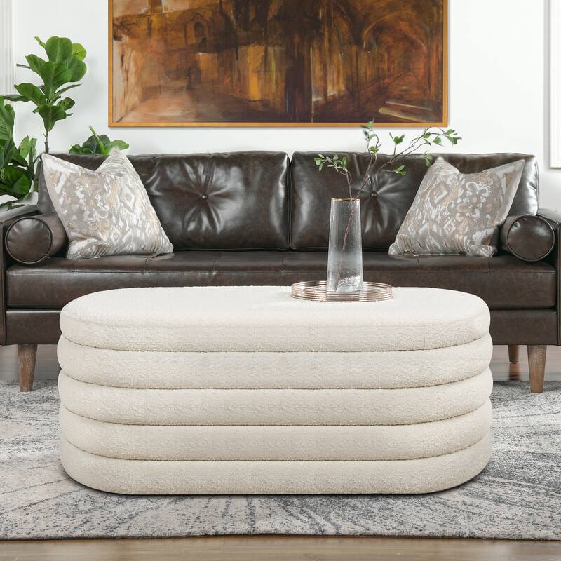 Fuji 49" Boucle Faux Sherpa Upholstered Tufted Oval Storage Bench