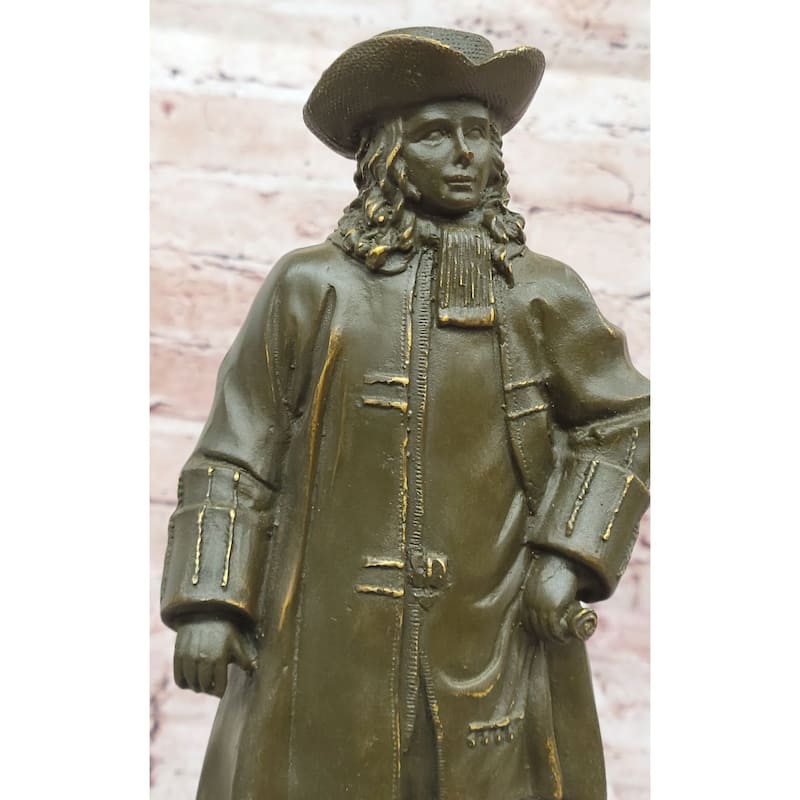 Bronze Historical Figure William Penn Statue With Hat On Marble Base Home Decor