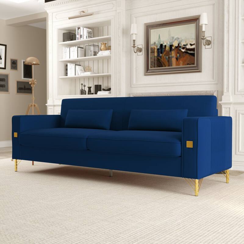Retro Blue Modern 85.63" Velvet 3-seater Sofa with Gold Accents and Plush Cushions for Living Room