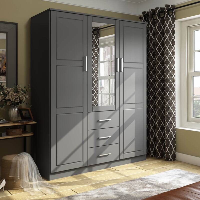 Palace Imports 100% Solid Wood Cosmo 3-Door Wardrobe Armoire with Solid Wood or Mirrored Doors - Grey