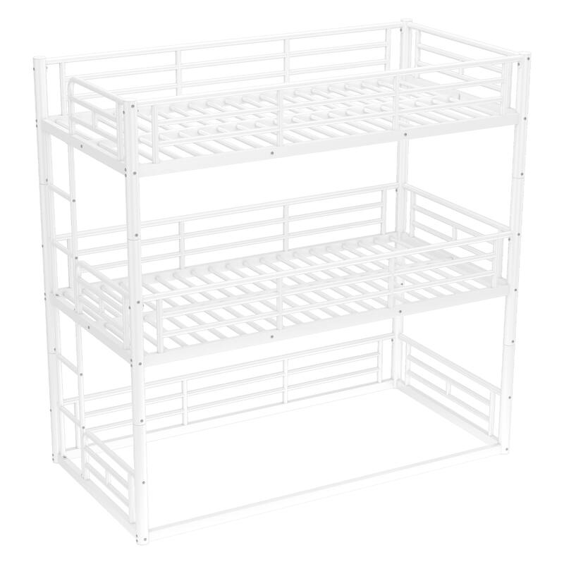 Twin over Twin over Twin Bunk Bed, Metal Triple Bunk Bed with Safety Guardrails, Heavy-duty Bunk Bed with Noise-reduced Design