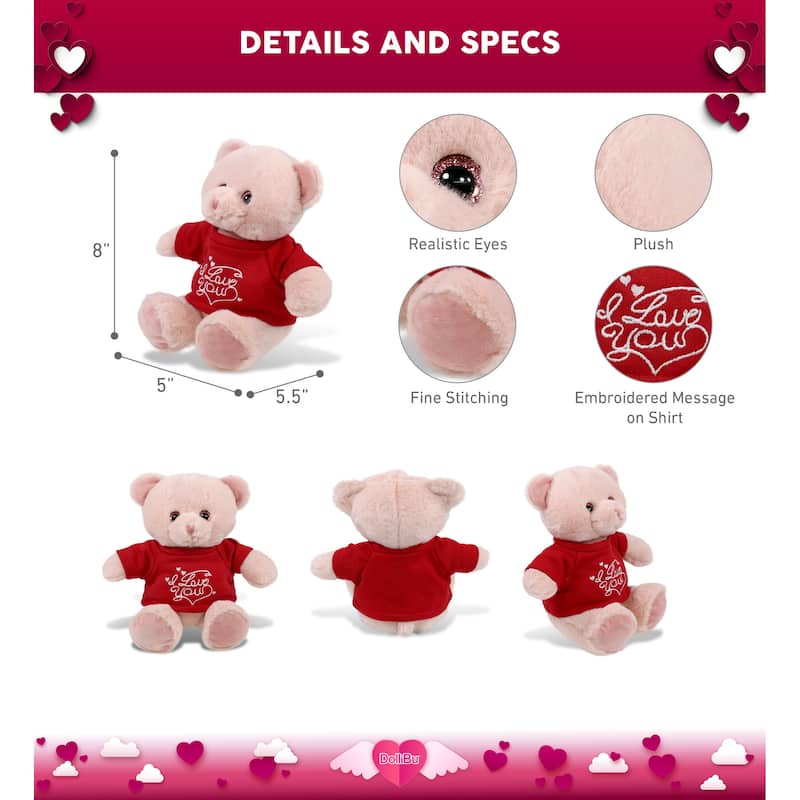DolliBu I LOVE YOU Super Soft Baby Pink Bear Plush with Red Shirt - 8 inches