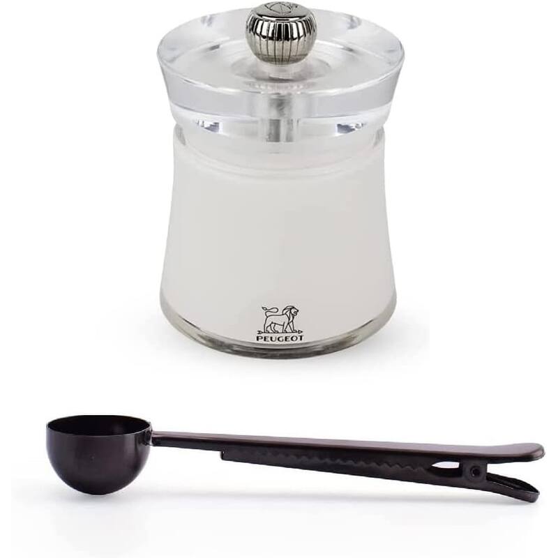 Peugeot Bali Acrylic White Salt Mill Gift Set 3.15" - With Stainless Steel Spice Scoop/Bag Clip - 2 Piece