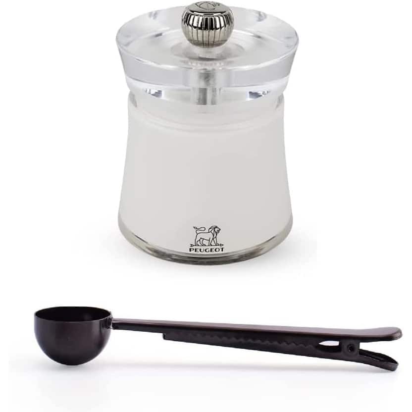 Peugeot Bali Acrylic White Salt Mill Gift Set 3.15" - With Stainless Steel Spice Scoop/Bag Clip