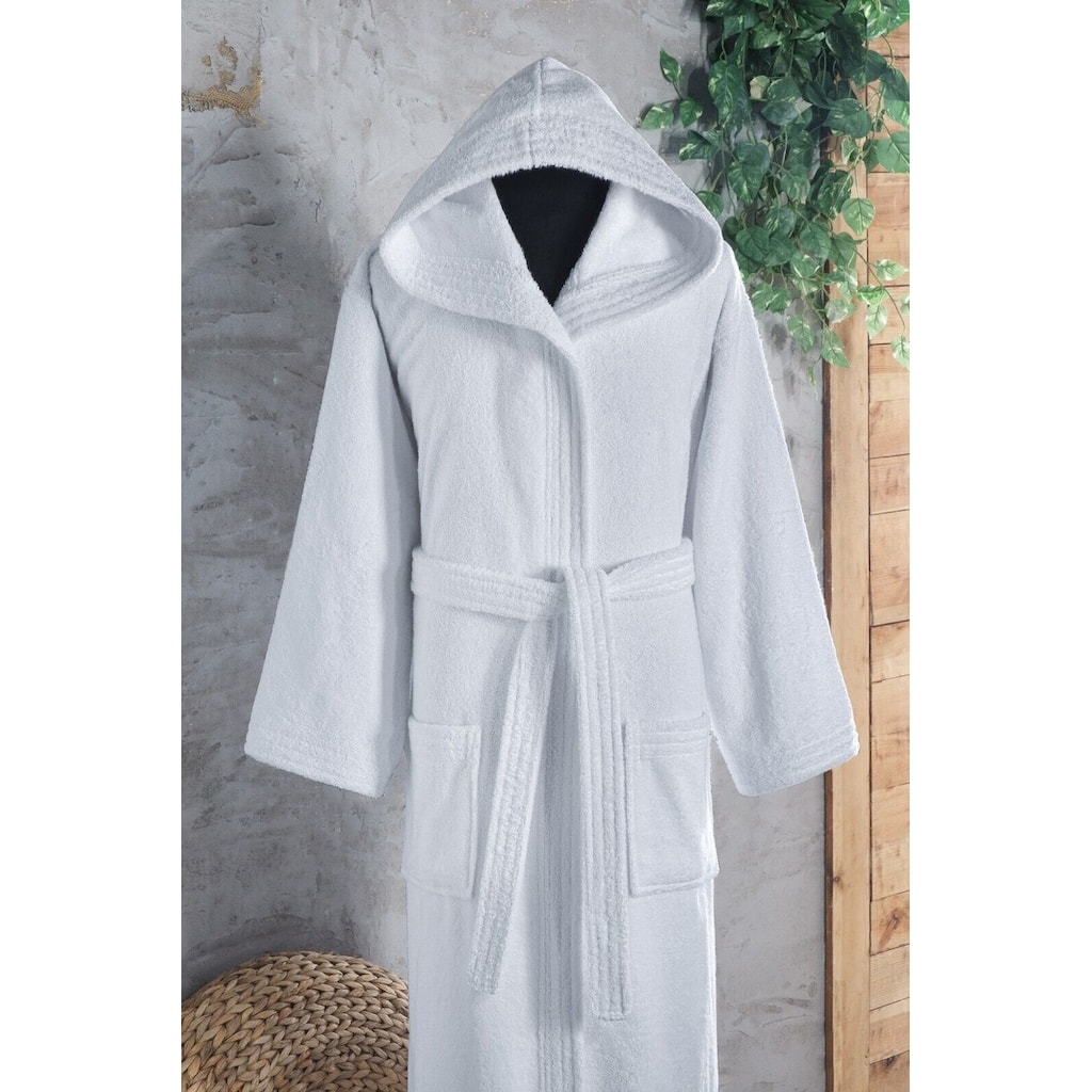 Classic Turkish Cotton Kimono Terry Cloth Bathrobe - White Hooded Robe with 2 pockets