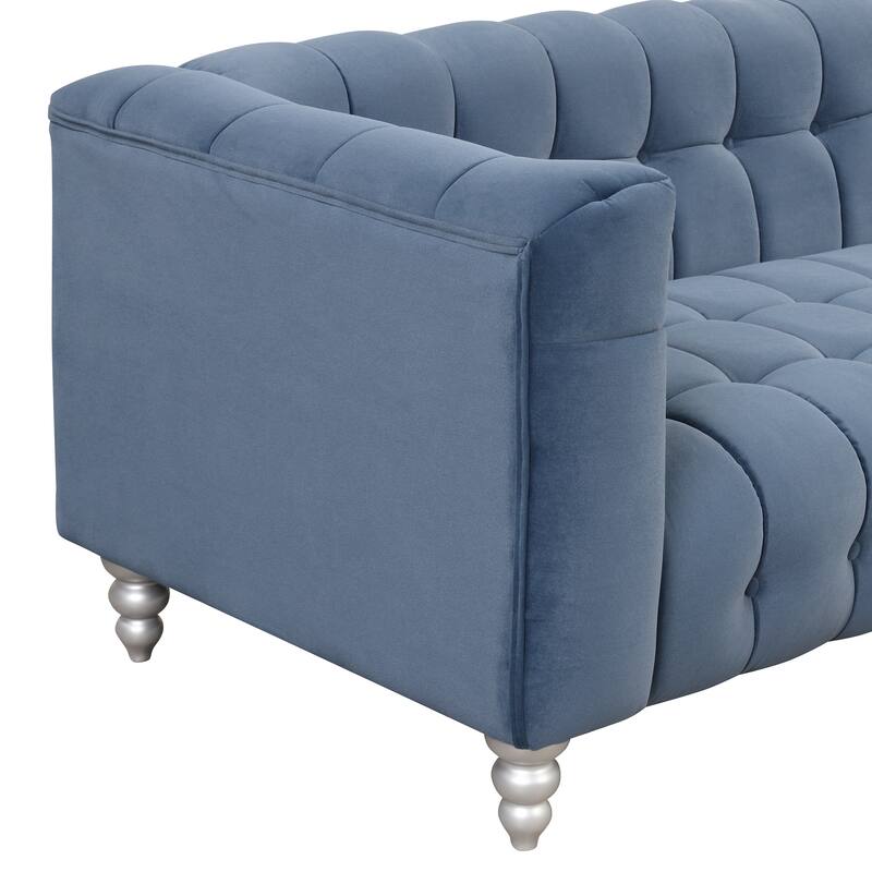 Blue Dutch Fluff Upholstered Couch with Wood Legs and Buttoned Tufted