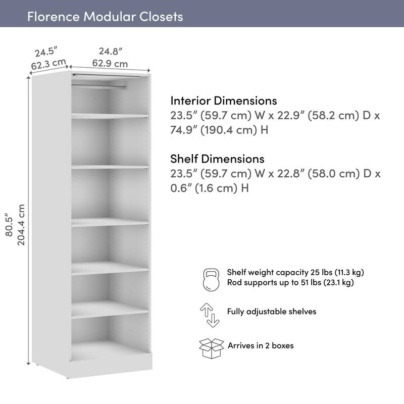 Bestar Florence 25W x 25D Closet System Tower with LED Light, Shelves