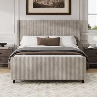 50.7" High Headboard Corduroy Bed Frame with Vertical Stripe Wingback & High Footboard