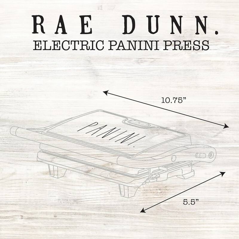 Rae Dunn Panini Maker 750 Watt 2-Slice Press Grill with Indicator Lights Opens 180 Degrees Double Sided Heating Non-stick