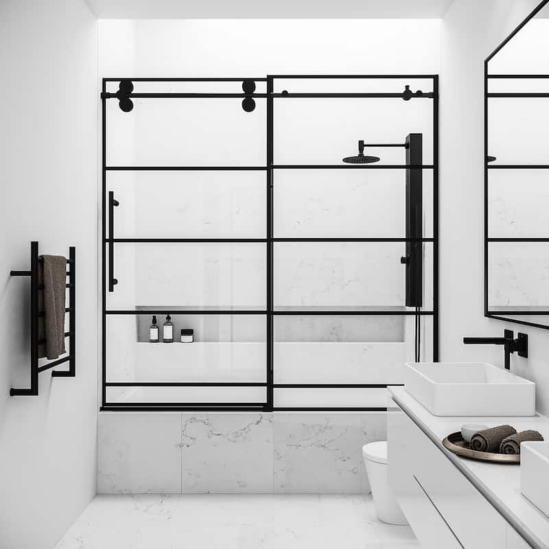 VIGO Elan Frameless Sliding Door - Tub Door, 56" to 60" W x 66" H - Matte Black