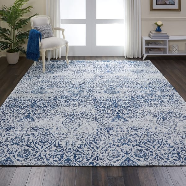 slide 2 of 55, Nourison Damask Distressed Contemporary Area Rug 8' x 10' - Ivory/Navy - Runner/Rectangle