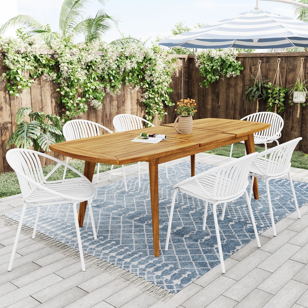 7-Piece Outdoor Expandable Dining Table Set, Modern Acacia Wood Table with 6 Stackable Chairs & Metal Frame for Patio, Backyard