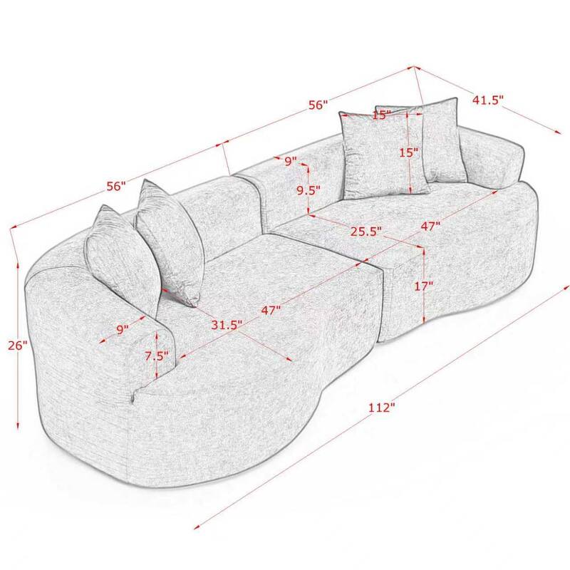 Modern Cloud 4-Seater Sectional Curved Sofa, Minimalist Compression Living Room Couch, No Assembly Needed, Chenille, Black
