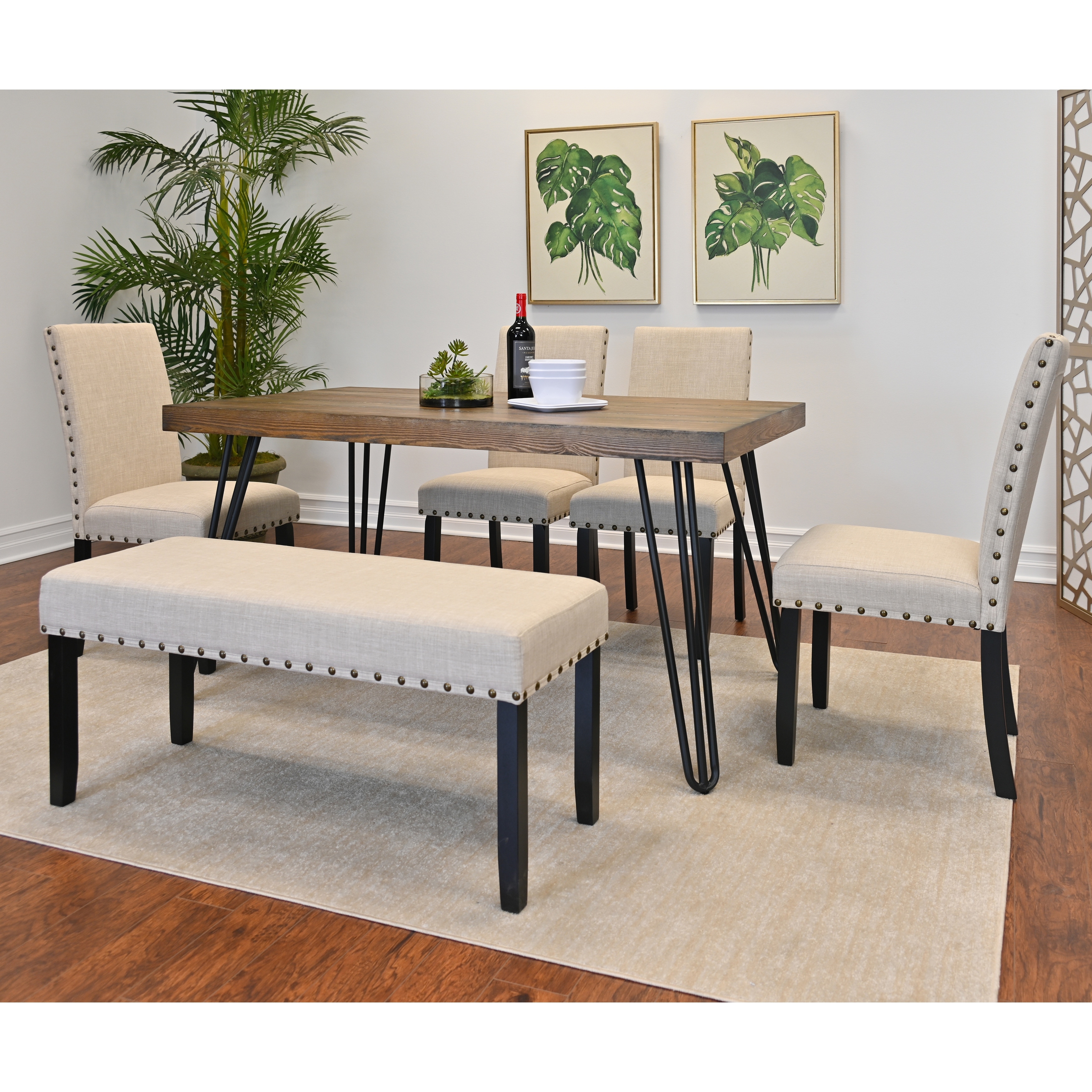 6-Piece Dining Set with Hairpin Rectangular Table and Upholstered Dining Chairs, Rustic Padded Seat Bench