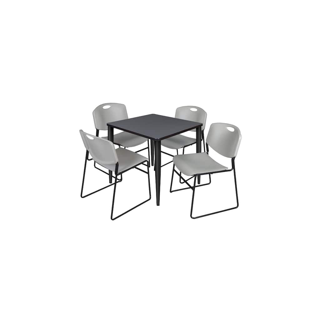 30 in. Square Breakroom Table- Grey Top, Black Base & 4 Stack Chairs- Grey