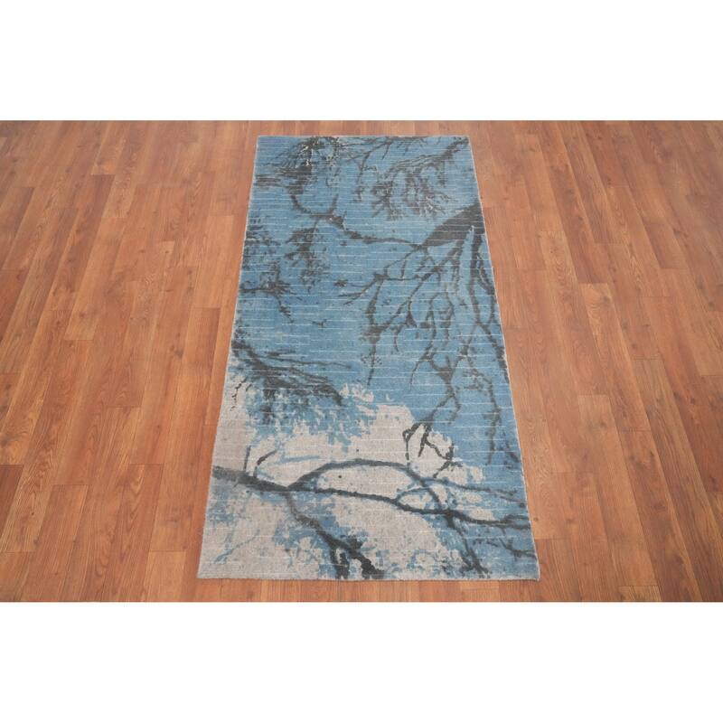 Hand Knotted Oriental Viscose Silk Carpet Modern Abstract Navy Blue & Blues Abstract Runner Rug - 4' 8'' X 2' 4''