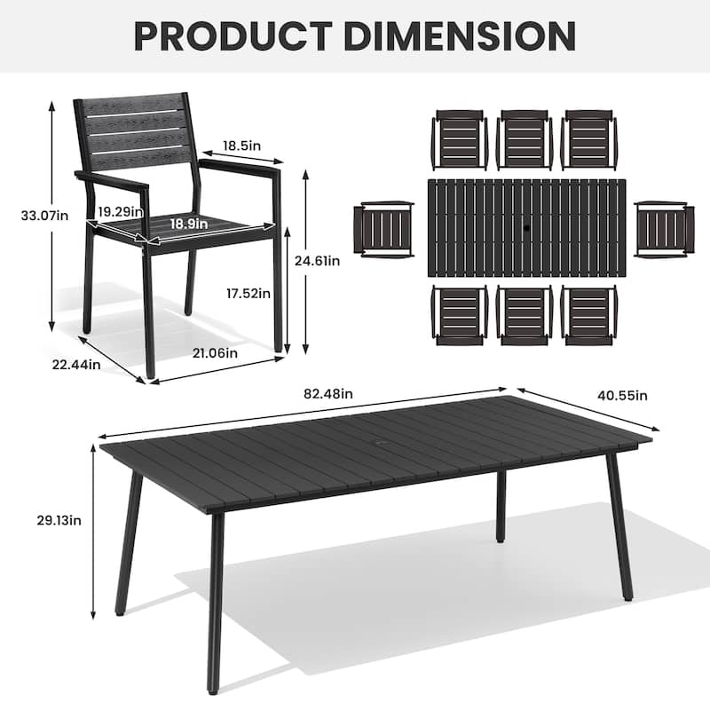 7/9-Piece Outdoor Patio Dining Set Aluminum Dining Table with Umbrella Hole and Stackable Armchairs