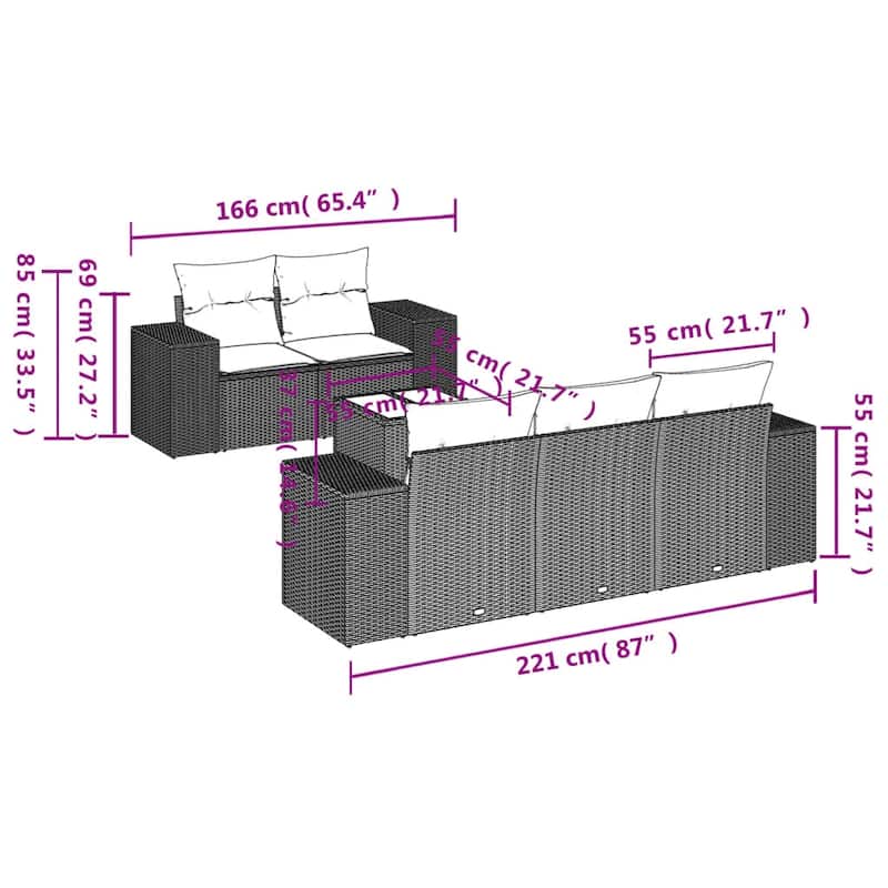 vidaXL 6 Piece Patio Sofa Set with Cushions Black Poly Rattan - 21.7" x 24.4" x 27.2"