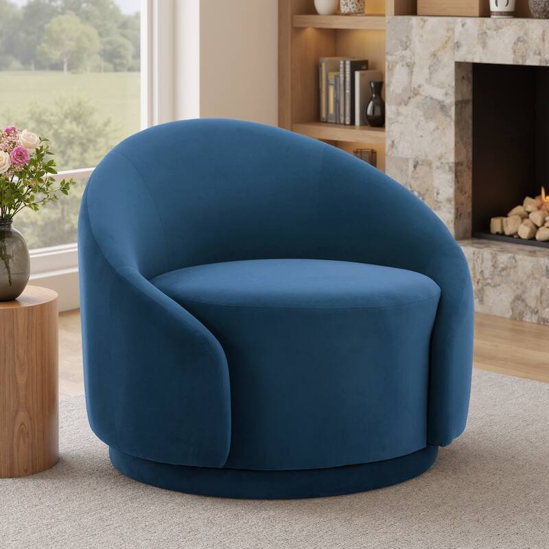 35" W Modern Upholstered Velvet/ Boucle Barrel Swivel Chair - 1-Piece - Blue/ Velvet