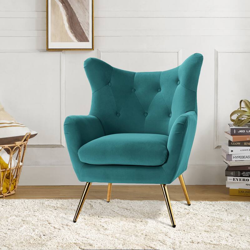Eusebio Tufted Velvet Accent Chair with Wingback, Arms, and Metal Gold Legs for Living Room or Bedroom by HULALA HOME