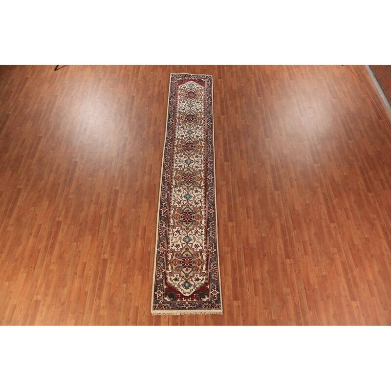 Geometric Heriz Serapi Indian Runner Rug Handmade Wool Carpet - 2'6"x 13'10"
