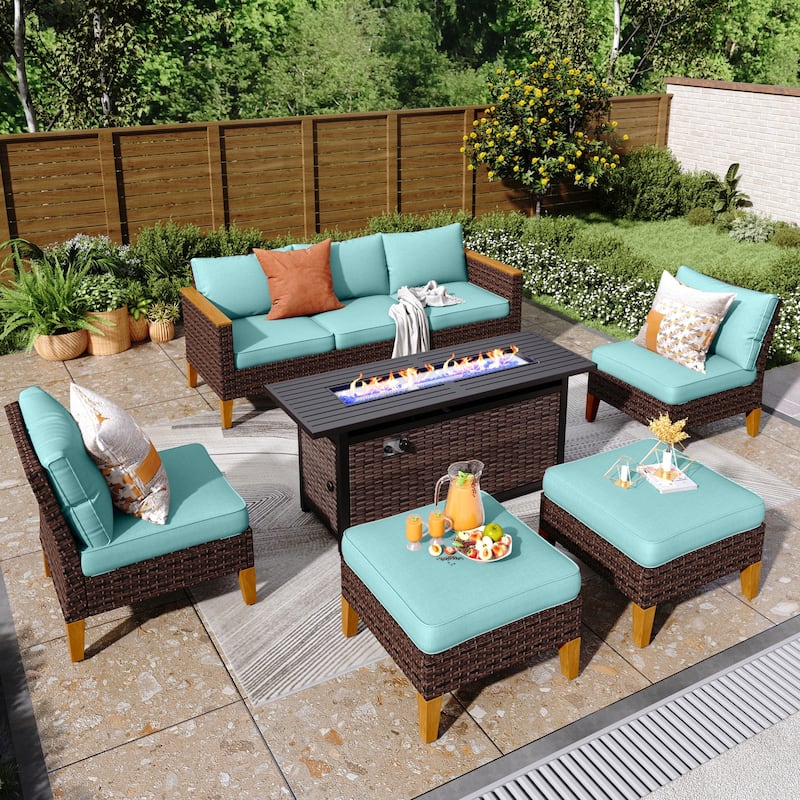 8-Piece Patio Outdoor Wicker Sectional Sofa Set, Large Seating Furniture Conversation Sets with Fire Pit Table - 7-Seat - Type K