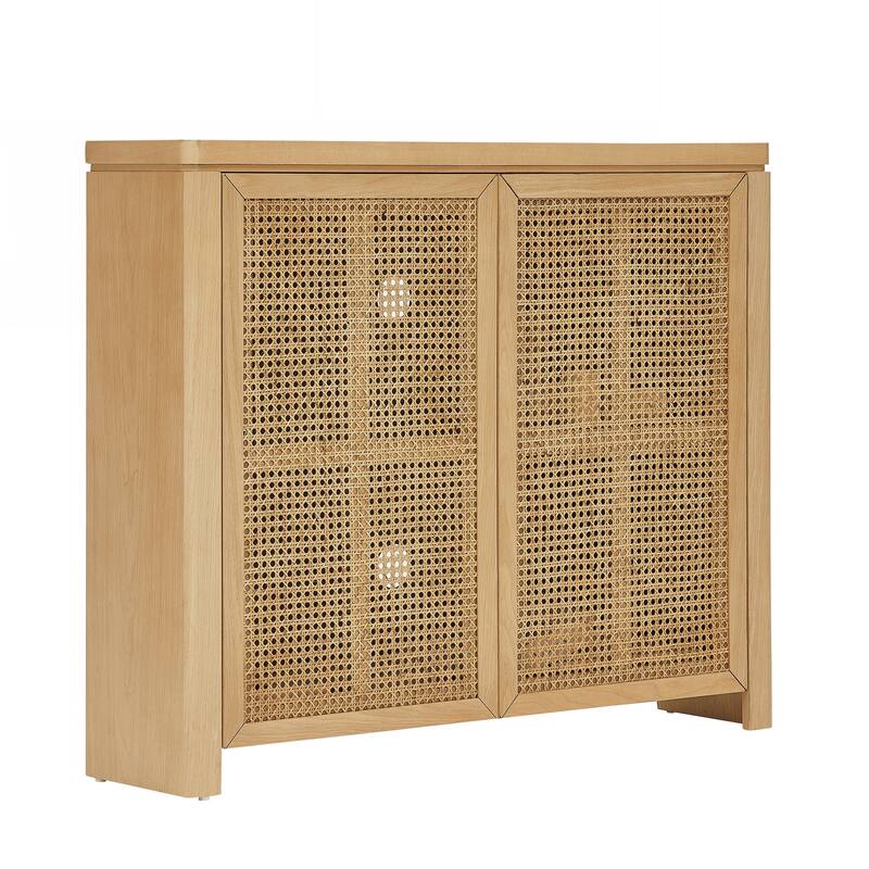 Mid Century Modern Rattan Sideboard Buffet Cabinet with 2 Outlet Holes