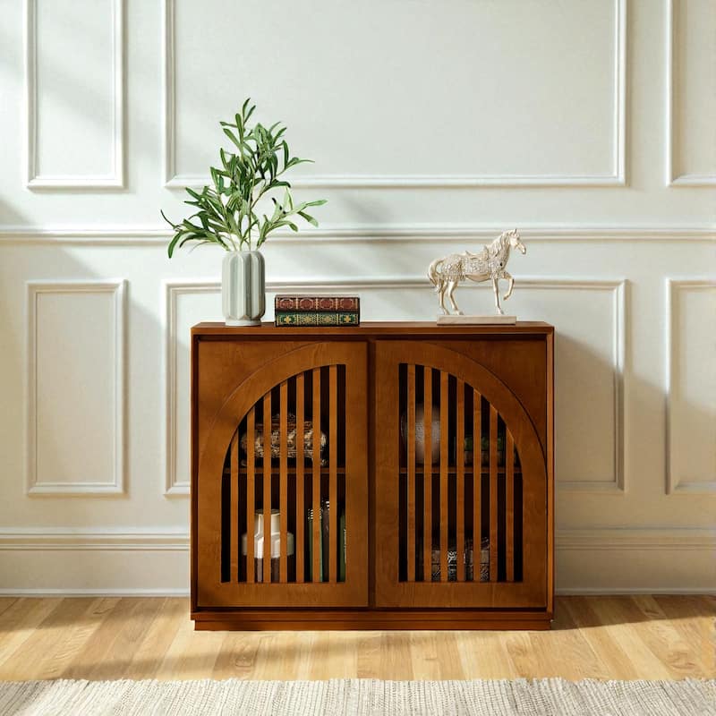 39" Mid Century Fluted Sideboard Cabinet with 2 Outlet Holes, Buffet Storage Cabinet for Entryway Kitchen Hallway - Walnut
