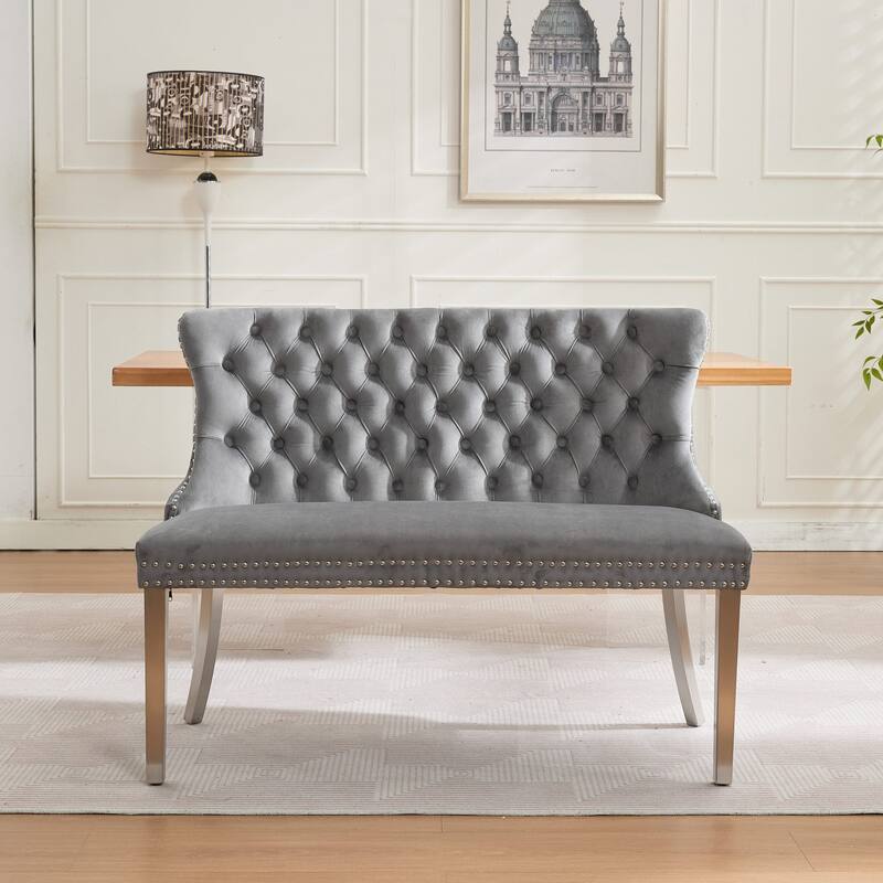 Velvet Double Dining Loveseat Bench, 2-Seat Tufted Bench w/Handmade Buttons, Wing Back, Gold-Plated Steel Legs, Single Pack