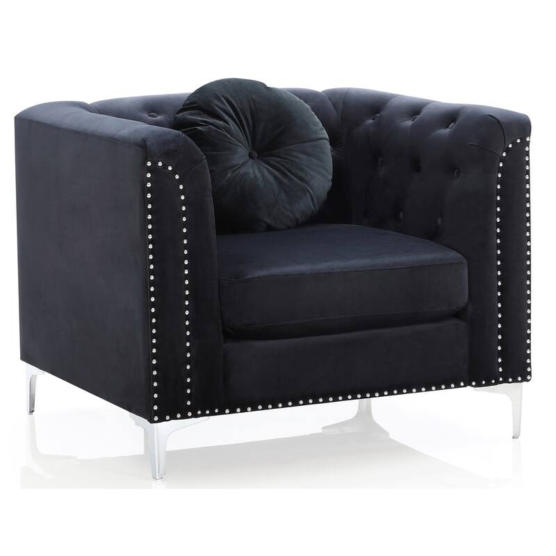 Velvet Button Tufted Accent Chair with Round Throw Pillow - 38" - Black