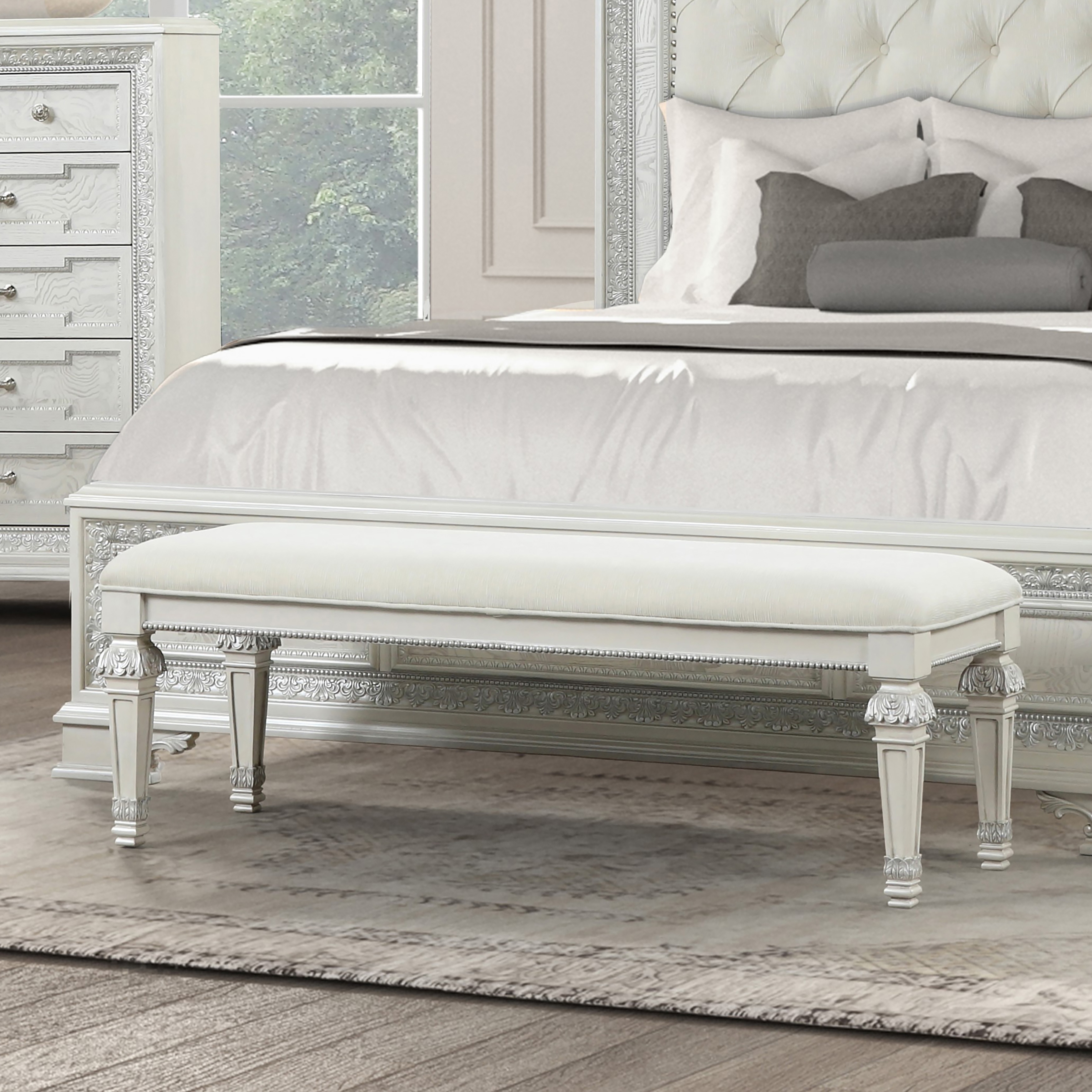 Furniture of America Estreya Traditional Creamy White Wood Padded Bench